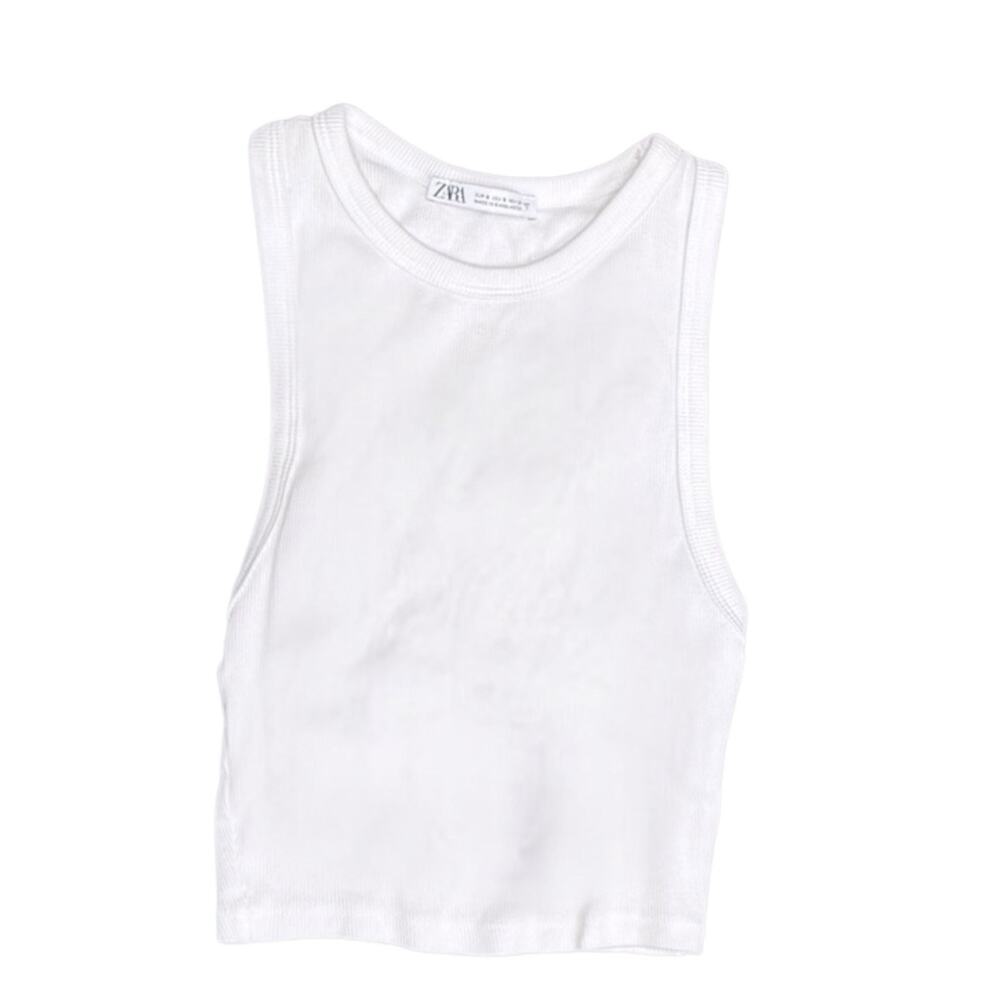 ZARA White Ribbed Racerback Crop Tank Top